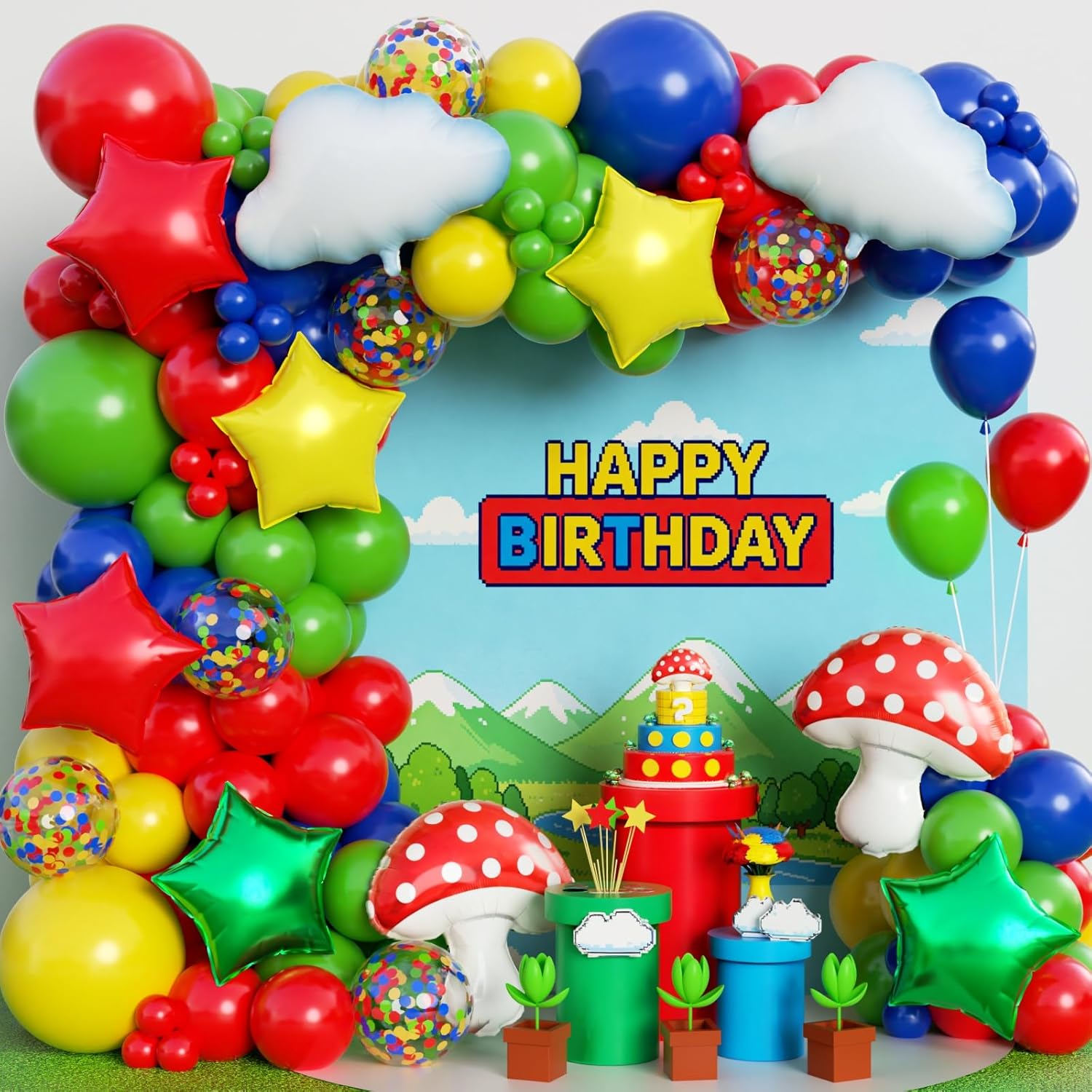 Balloon Arch Kit - Red Blue Green Yellow Cloud Mushroom